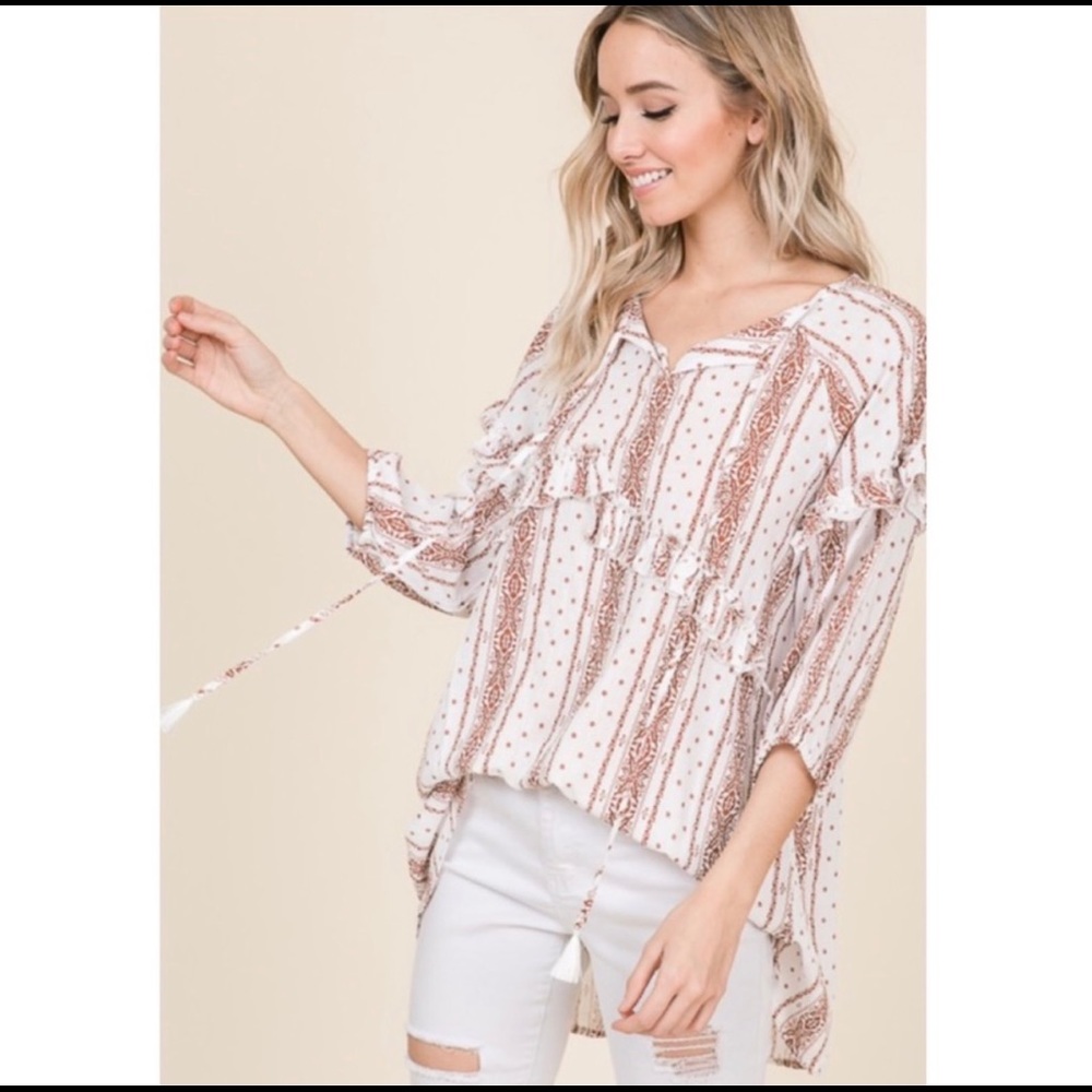 New! Boho Ruffles Tunic Tassels Hi Lo Hem and Elastic stretchy Cuffs Top - Picture 2 of 8